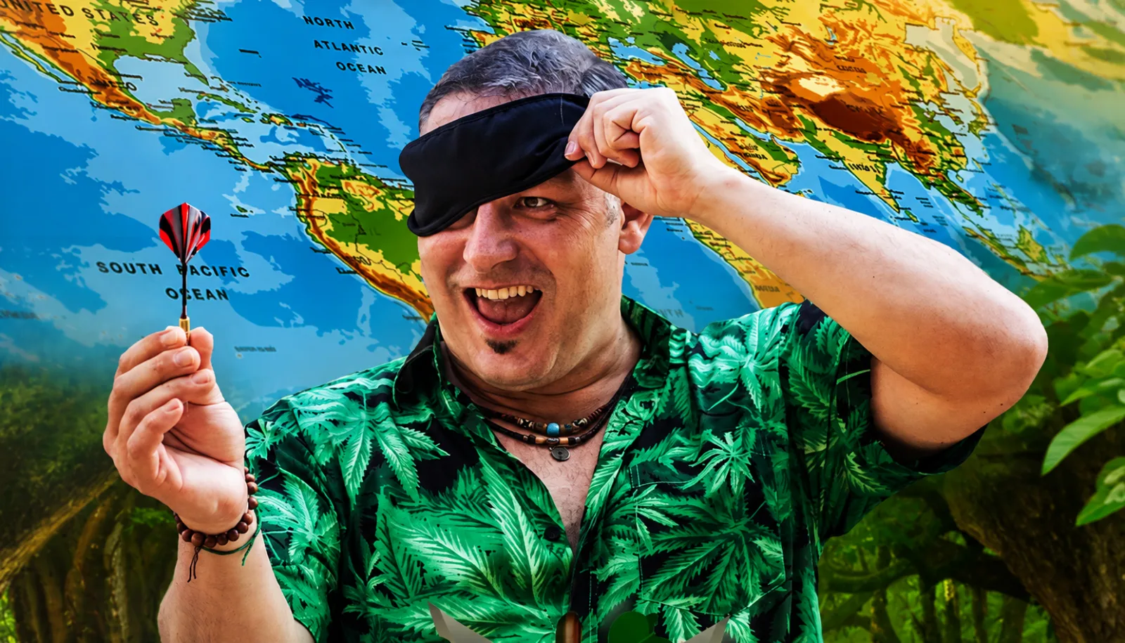 Sorin Mihailovici blindfolded, holding a dart before a world map
